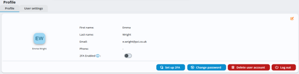 Profile screen showing user details for Emma Wright. The user’s initials (EW) appear in a blue circle on the left. The panel displays first name, last name, email address, phone number, and 2FA Enabled. Action buttons at the bottom allow the user to Set up 2FA, Change password, Delete user account or Log out.